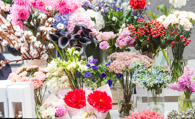 Autumn flowers. Autumn bouquets on a flower market.