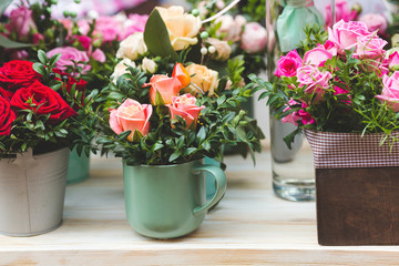 Roses of different varieties on a color market