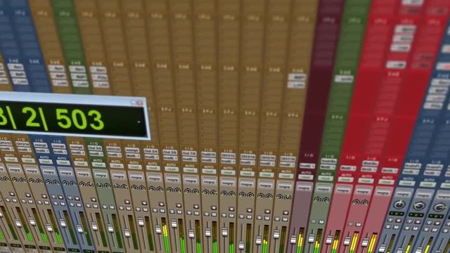 Playback screen of professional pro audio digital audio workstation displaying a view at a song created in a studio with sound design and engineering elements, recording clips and waveforms