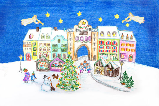 weihnachtliche Zeichnung - Weihnachtsmarkt mit fliegenden Engeln