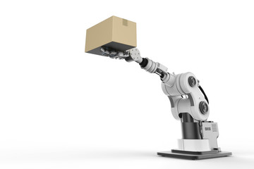 robot arm working with cardboard box