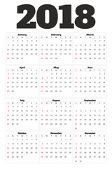 Calendar 2018 year simple style. Week starts from sunday