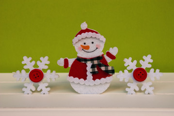 New year handmade background with snowman and snowflakes on green wall. Christmas card, background, postcard. Unique backdrop.