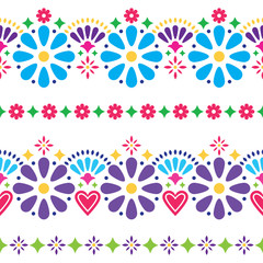 Fototapeta na wymiar Mexican folk seamless vector background - colorful long designs with flowers 