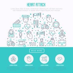 Heart attack concept in circle with thin line icons of symptoms and treatments. Modern vector illustration for medical report or survey, banner, web page, print media.