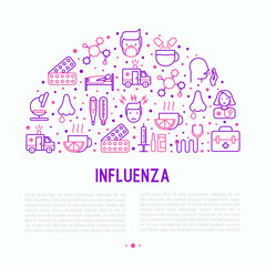 Influenza concept with thin line icons of symptoms and treatments: runny nose, headache, pain in throat, temperature, pills, medicine. Vector illustration for banner, web page, print media.