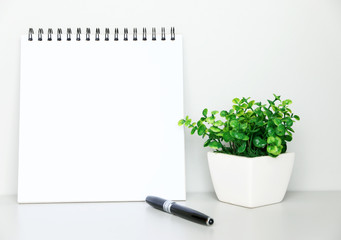 a plant Calendar mock up and pen in white office table,copy space.
