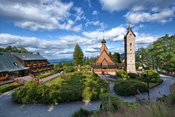 Medieval Norwegian stave church transferred from Vang in Norway and re-erected in 1842 in Karpacz, Poland - obrazy, fototapety, plakaty