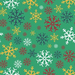Snowflake simple seamless pattern. wrapping decoration. Symbol of winter, Merry Christmas holiday, Happy New Year celebration.Seamless pattern of colorful snowflakes on a green background
