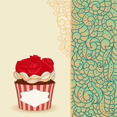 Cartoon sweet cupcake and doodle boho pattern