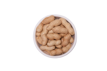 Peanuts in a white cup on a white background