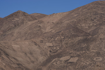Fototapeta na wymiar Large group of ancient petroglyphs on the hillsides at Cerro Pintados in the Atacama Desert in the Tarapaca Region of northern Chile. 