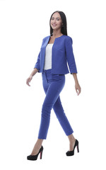 Full body length portrait businesswoman isolated over white stud