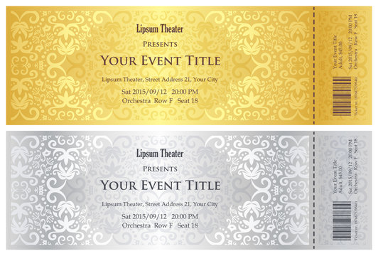 Luxury golden and silver theater ticket with vintage pattern