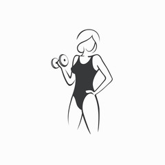 Sporty fit woman in the gym. Picture of a beautiful sexy girl with dumbbells in her hands. Vector illustration of a graphic outline silhouette