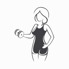 Sporty fit woman in the gym. Picture of a beautiful sexy girl with dumbbells in her hands. Vector illustration of a graphic outline silhouette
