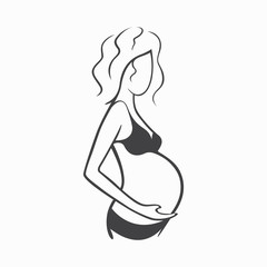 Drawing linear beautiful pregnant girl in dark clothes. Birth of a child. Vector graphic illustration, draw black and white silhouette for design.