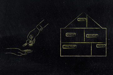 hands exchanging keys next to empty house icon