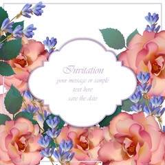 Wedding Invitation Card vector. Roses and lavender flowers. Primrose pink colors