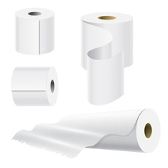 Realistic paper roll mock up set isolated vector illustration blank white 3d packaging kitchen towel template