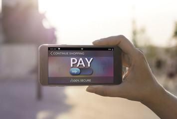 Woman using contemporary modern smartphone to make an online payment. Shopping online concept