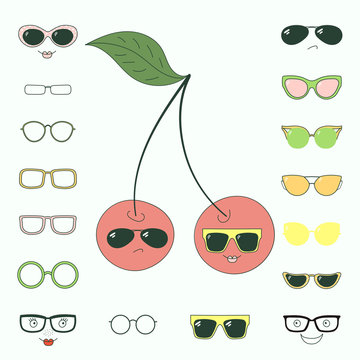 Hand drawn vector illustration of a cute funny cherries with a set of different faces, glasses and sunglasses. Do it yourself.