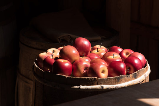 bushel of bright red apples, surrounded by dark interior