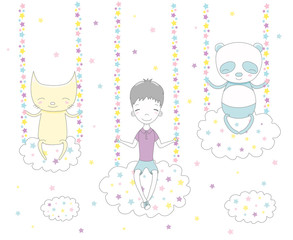 Hand drawn vector illustration of a cute funny boy, cat and panda swinging on clouds, among the stars.