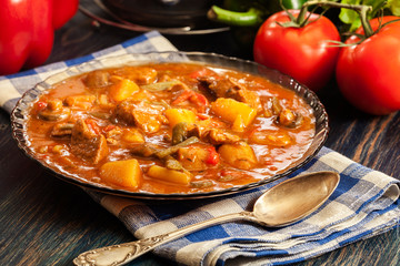 Stew soup with meat and potatoes