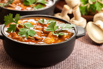 Stew soup with meat, potatoes, mushrooms and red pepper