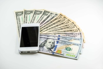 Mobile smartphone on US dollar banknote, digital money concept