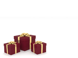3d illustration of red gift boxes with gold ribbon isolated on white background.