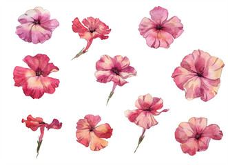 Phlox flowers hand drawn watercolor colleclion