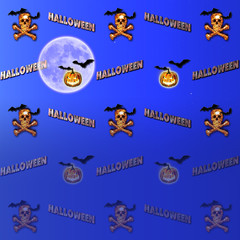 Halloween Background, 3D, Burning skull and crossed bones, smiling pumpkin and flying bats.