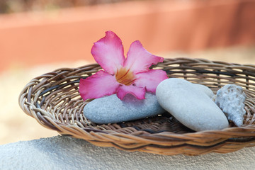 Spa stones with pink flower on the rattan plate used as spa ingredients