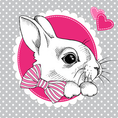 Emblem of a little bunny with tie and heart in pink circle. Vector illustration.