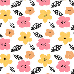 Pattern with flowers and leaves on white background. Hand drawn fabric, gift wrap, wall art design.