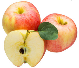 Apples red ripe, whole and half apple, on white background.
