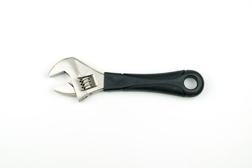 isolated stainless steel metal wrench , repair equipment on white background