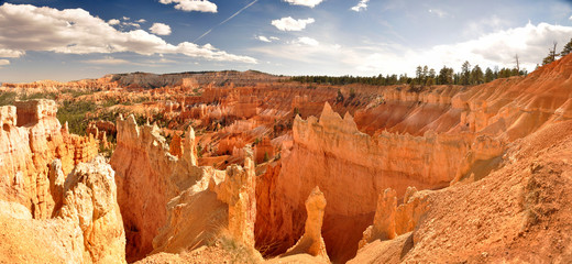 Bryce Canyon, west, america, park, reserve, indian, navajo, cowboy, far west, rock, sand, hoodoo, desert, hot, summer, wild, nature, tree, pine, red, orange, cliff, blue, sky, cloud, horizon, forest