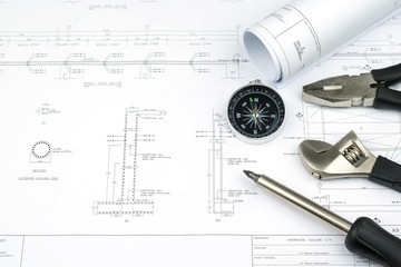 engineer construction business work concept : engineering blueprint diagrams paper drafting and...