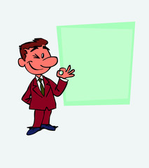 Happy white businessman makes the gesture of ok. Is showing, as in a presentation, the data you want.