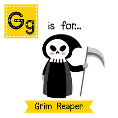 Cute children ABC alphabet G letter tracing flashcard of Grim Reaper for kids learning English vocabulary in Happy Halloween Day theme.