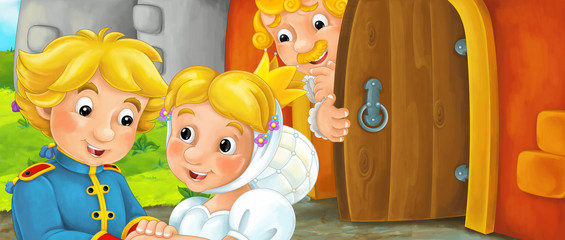 Cartoon happy married couple visiting king in his castle - talking to servant near the entrance - illustration for children