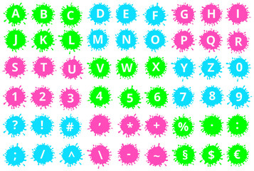 Alphabetic bloody stained icons in neon colors