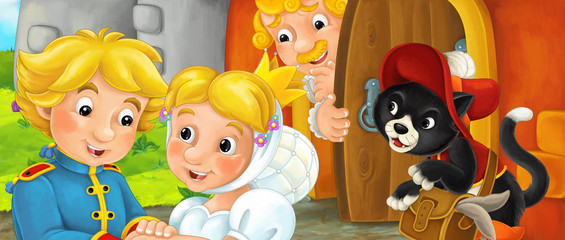 Cartoon happy scene of an old style entrance with married couple in front of it - noble cat is standing near them - stage for different usage - illustration for children