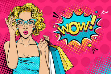 Wow female face. Sexy surprised young woman in glasses with open mouth and blonde curly hair holding shopping bags and Wow! speech bubble. Vector bright background in pop art retro comic style.  - 175359825