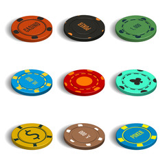 Set of different casino chips in 3D, vector illustration.