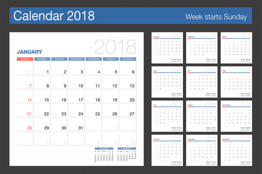 2018 Calendar. Desk Calendar modern design template. Week starts Sunday.