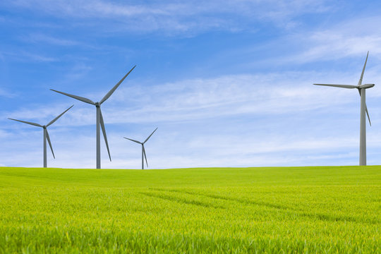 Several windmills on a green meadow under blue sky